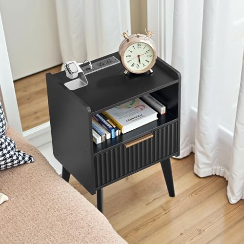 MAHANCRIS Black Nightstand with Charging Station, Modern Fluted End Table