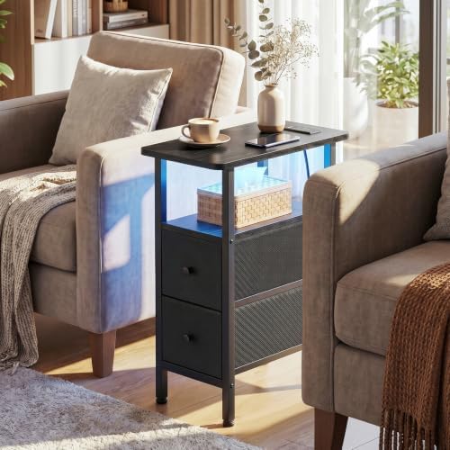 LOAKEKEL Narrow End Table with Charging Station, Small Nightstand