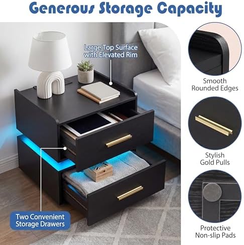 GIANTEX LED Night Stand Set 2 with Charging Station, Semi-Floating Bedside Table w/2 Storage Drawers, USB & Type-C Ports, Modern Couch End Sofa Side Table for Bedroom Small Spaces (Black)