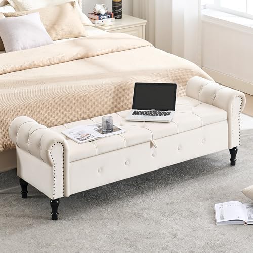 Storage Bench 67" Velvet End of Bed Benches Cream Beige