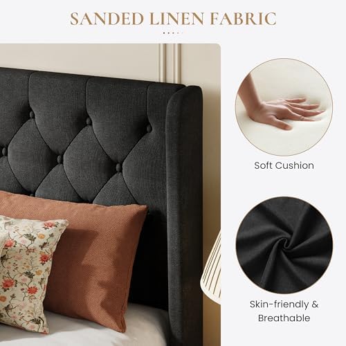 SHA CERLIN King Upholstered Bed Frame, Button Tufted Design, Black