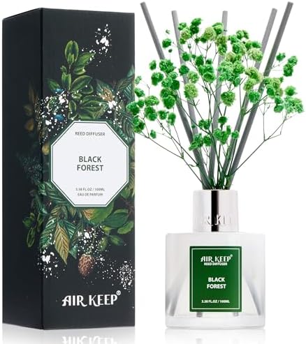 Airkeep Reed Diffuser Set,3.38 fl oz (100 ml) - Black Forest Oil Diffusers with 8 Reed Sticks, Home Fragrance Reed Diffuser for Bathroom Shelf Decor