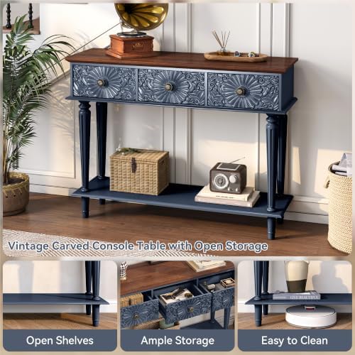 Retro Console Table with 3 Carved Floral Drawers for Entryway, Blue