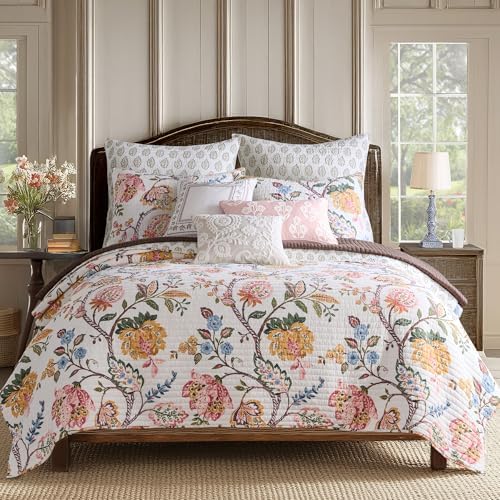 Levtex Home - Maileen Dusty Rose Quilt Set - Twin Quilt and One Standard Sham - Floral - Dusty Rose Ochre Blue Green Brown Off-White - Quilt (68x86in.) and Sham (20x26in.) - Reversible - Cotton