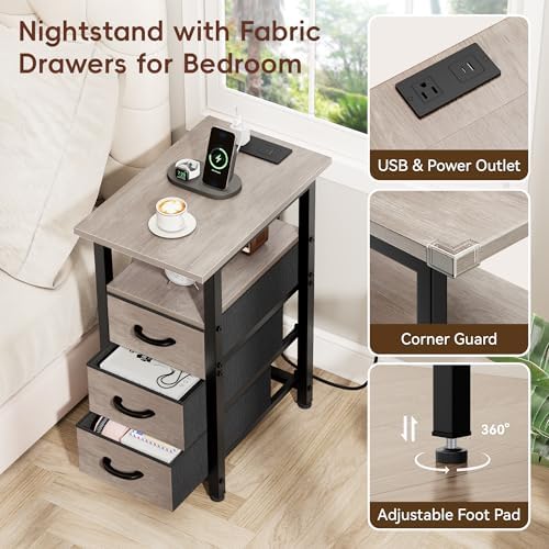 Vagusicc Night Stand with Charging Station, Narrow Nightstand with U-S-B Ports and Outlets, End Table with 3 Fabric Storage Drawers, Small Bedside Table, Greige