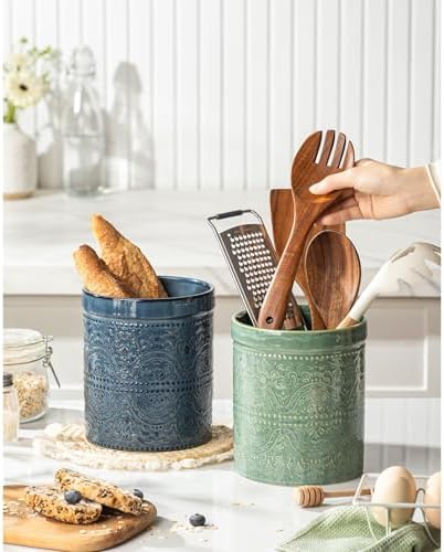 Kitchen Utensil Holder, 7 Inches Large Ceramic Utensil Holder for Countertop, Lace Emboss Cooking Utensil Crocks for Kitchen, Home Decor, Forest Green