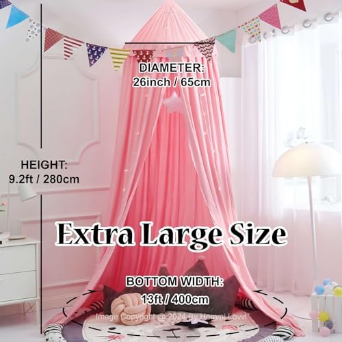 Hommi Lovvi Bed Canopy for Girls, Dreamy Frills Ceiling Hanging Princess Canopy Bedroom Decoration Soft Canopy Net Reading Nook, Extra Large Full Queen Size Bed Canopies - Pink
