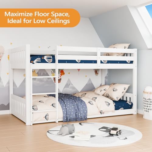 JOYMOR Solid Wood Low Twin Over Twin Bunk Bed for Kids/Junior, Bunk Bed Frame with Guardrails & Ladder for Boys Girls, No Box Spring Needed (White)