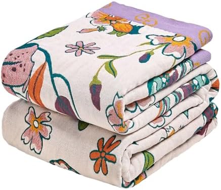 MSGKV Boho Throw Blanket 90"x90" Fall Cotton Floral Queen Size Blanket
