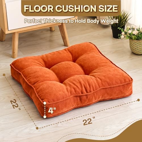 MIDDLE ONE Floor Pillow Set of 2, Memory Foam Cushion 22x22 – Square, Orange