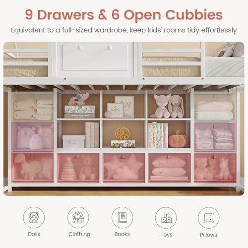 Low Loft Bed Twin Size with 9 Storage Drawers, Bookcase and LED Lights, House-Shaped Metal Twin Loft Bed with Step Stool and Safety Guardrail, Kids Loft Bed with Under-Bed Play Space, White