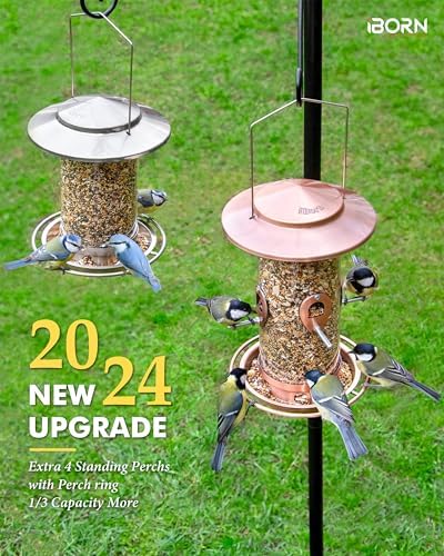 iBorn Metal Bird Feeder for Outside Hanging,Wild Bird Feeders for Cardinal,17.8cm Large Roof&Tray Copper-Plating 10 Port(Seed is not Included)