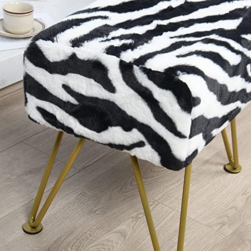Zebra-Print Rectangle Faux Fur Ottoman 19"x13"x17" Soft Fuzzy Entryway Bench Seat Sturdy Accent Coffee Table for Living Room Makeup Vanity Stool with Golden Legs for Bedroom Closet Foot Rest