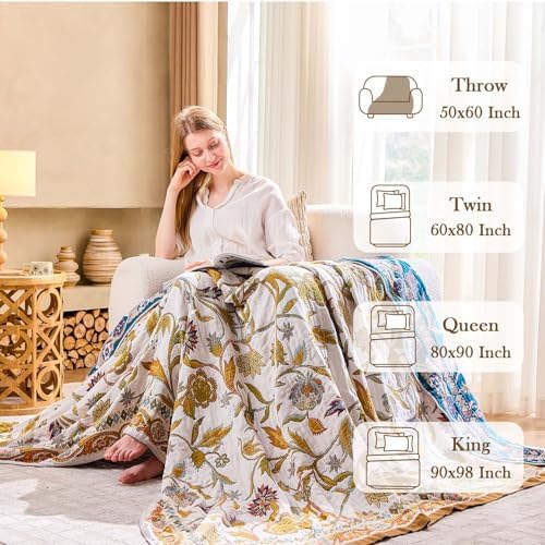 XIBLC Fall Throw Blanket for Couch, Brown Boho Decorative Throw Blanket, 100% Cotton Muslin Breathable Woven Farmhouse Blankets Quilt, 80"x90" Reversible Lightweight Blankets Bohemian Throw Quilt
