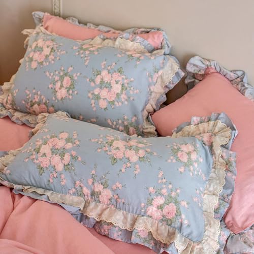 Pink Floral Twin XL Duvet Cover Blue 100% Cotton Twin XL Comforter Cover Lace Trim Ruffle Soft Chic Duvet Cover Set with Hidden Zipper Boho Girls Bedding Set French Country Duvet Protector