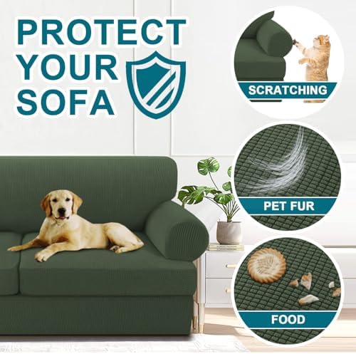 Turquoize 3 Piece T Cushion Sofa Slipcovers Stretch Couch Cover Furniture Covers with 2 Individual T Cushion Covers for Living Room, Machine Washable (2 Cushion Sofa, Bronze Green)