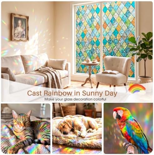 Sunbaby Stained Glass Winodw Film, Rainbow Lattice Stickers, 35.4"x78.7"