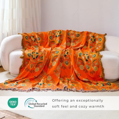 Orange Floral Rustic Boho Blanket for Bed Couch Travel 90"×108"