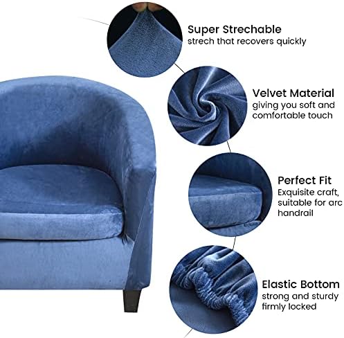 MIFXIN 2 Pieces Velvet Tub Chair Covers with Cushion Cover Stretch Soft Removable Tub Chair Slipcovers Armchair Sofa Couch Furniture Protector Cover for Living Room Club Bar Counter (Navy Blue)