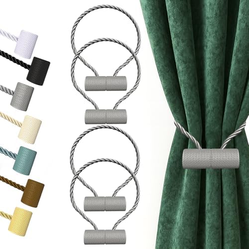 Hion Magnetic Curtain Tiebacks Grey 4pcs, Curtain Holdbacks Hooks Holders