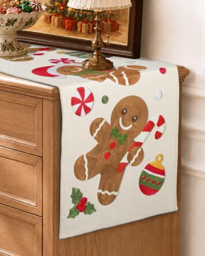 Miss Adola Embroidered Canvas 13"x90" Christmas Table Runner, Gingerbread