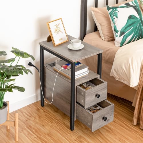 HOOBRO End Table with Charging Station, Narrow Side Table with 2 Drawers & USB Ports & Power Outlets, Nightstand for Small Spaces, Bedroom, Living Room, Stable and Sturdy, Greige and Black BG541BZ01