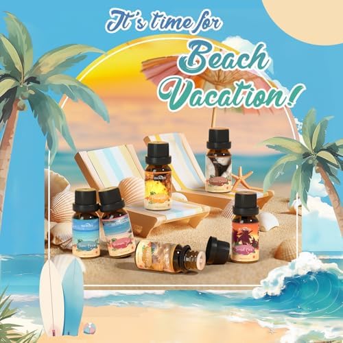 Beach Essential Oils Set, SNOWSEN Fragrance Oil for Diffuser, Candle Making, Soap Making, Spray,Sunbeam Coconut, Pineapple, Ocean Breeze, Sunset Cove, Golden Beach, Hawaiian Sea, Tropical Scented Oil