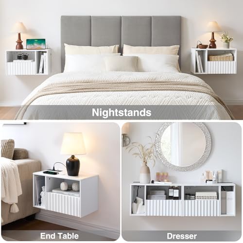 BuildHom White Floating Nightstand Set of 2 with Charging Station