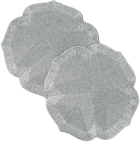 ALPHA Living HOME Silver Beaded Placemats Set of 2 Handmade Dining Mat Pair