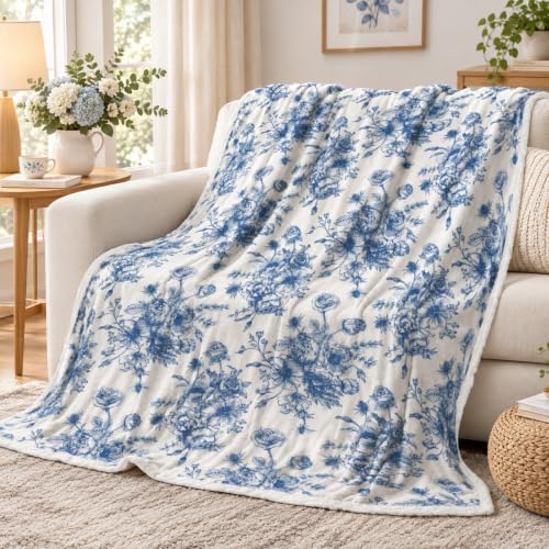 Blue Floral Throw Blanket, Botanical Floral Blanket, Soft, Flannel, Warm, Boho Aesthetic Bed Blankets All Season Flower Throw Blankets for Couch Bedroom Living Room 50X60 Inch