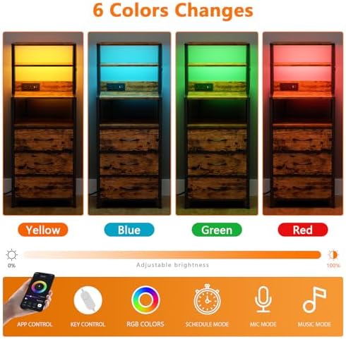 Furnulem Night Stand with Charging Station, Tall Nightstand, LED Lights