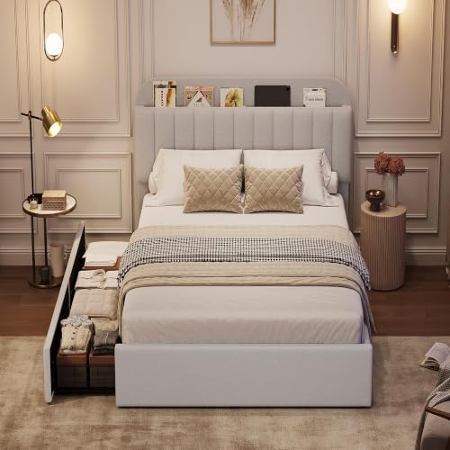 GarveeHome TwinXL Bed Frame, Platform Bed with Storage Headboard & Drawers
