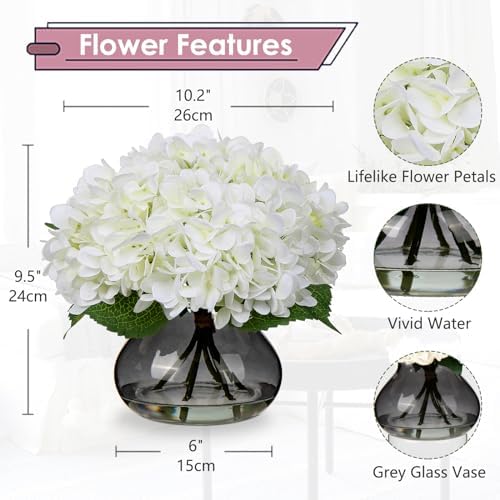 Hollyone Hydrangea Artificial Flowers with Glass Vase White Silk Faux Flowers Arrangements with Faux Water Fake Floral Bulk Bouquet for Home Decor Table Centerpiece Decorations
