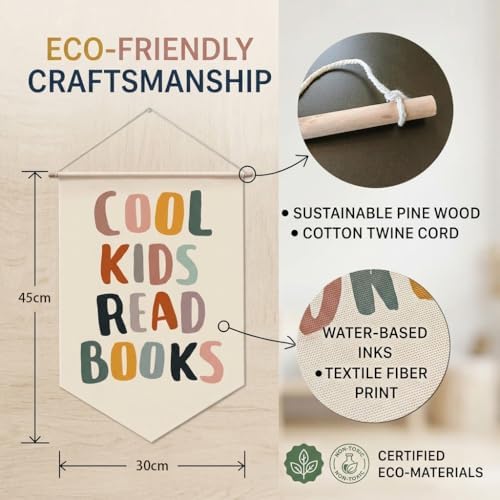 Cool Kids Read Books Wall Banner - Reading Corner Nook Decor for Kids Classroom Sign, Book Lover Gifts Canvas Wall Hanging Art for Library Nursery and Playroom Decor