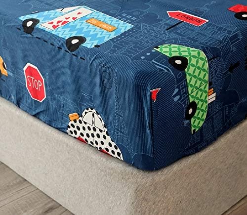 Bedding Fitted Sheet with Deep Pocket,Thicken Printed Fabric Bed Sheets (Navy Blue(Cars), Queen)
