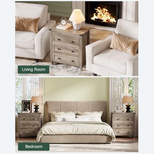 Farmhouse Nightstands Set of 2, Bedside Table with Drawers, Grey