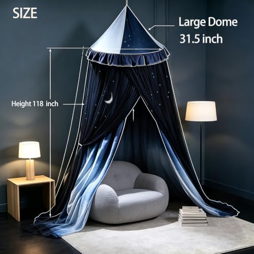 Kertnic Princess Bed Canopy for Girls, Double Layer Round Bed Mosquito Net, 31.5" Large Dome Moon Pattern Printed Bed Canopy, Sleeping & Reading Nook Curtain for Boys Girls (Night Sky)