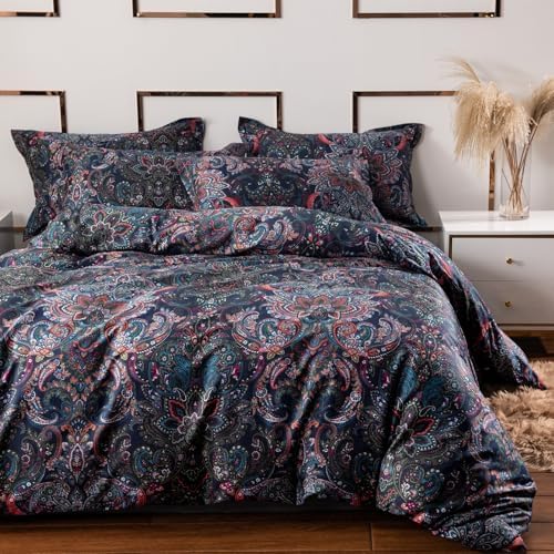 Retro Paisley Duvet Cover Queen Size Boho Damask Duvet Cover Sets 100% Brushed Cotton Bedding Set,1 Duvet Cover and 2 Pillow Shams for All Seasons-Stormy Blue