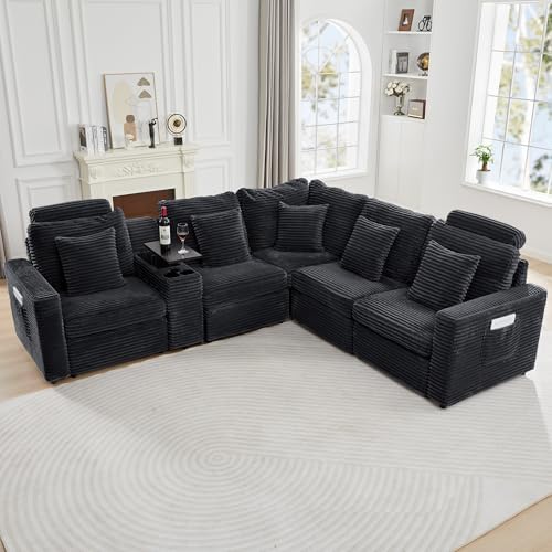 LEVNARY Modular Lift-Top Console with USB Charging and Cup Holders, Center Storage Module for Modular Reclining Sofa (Black)