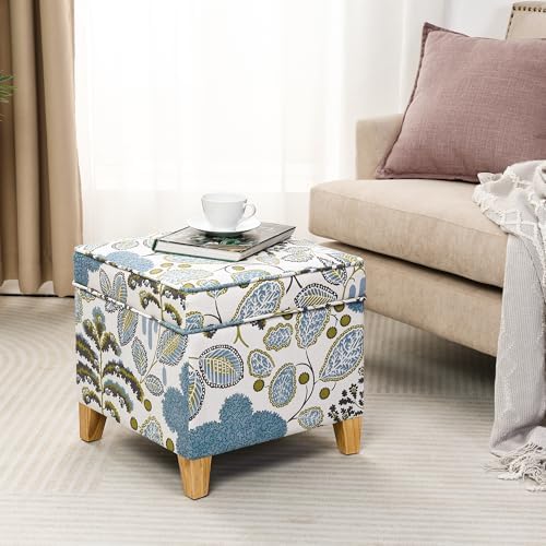 Adeco 18 Inch Linen Storage Ottoman Cube, Upholstered Footstool for Living Room & Bedroom, Vanity Stool with Safety Hinge Lid & Solid Wood Legs, 2-Min Assembly, Blue Leaves