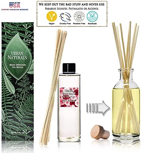 Urban Naturals Red Roses Reed Diffuser Oil Refill & Bamboo Reed Sticks | Beautiful Floral Scent of Fresh Cut Roses | Made in The USA