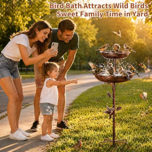 2-in-1 Tall Bird Bath and Feeder for Outdoors, Adjustable Metal Standing Bird Feeder with 5-Prong Base, Antique Copper Finish Rust Proof Water Bowl & Seed Tray Station for Garden Yard Patio Decor