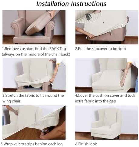 Turquoize Wingback Chair Covers 2 Piece Wing Chair Slipcover Stretch Slipcovers for Wingback Chairs Spandex Jacquard Fabric with Elastic Bottom Non-Slip Furniture Cover, Porcelain White