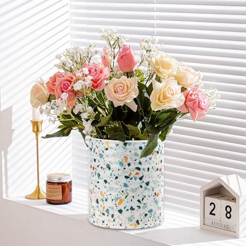 Kitchen Utensil Holder,7.2-inch Extra Large Ceramic Terrazzo Marble Pattern Utensil Crock,Cooking Utensil Organizer for Kitchen Counter Decor,Storage Caddy Farmhouse Gift Nordic Light Blue