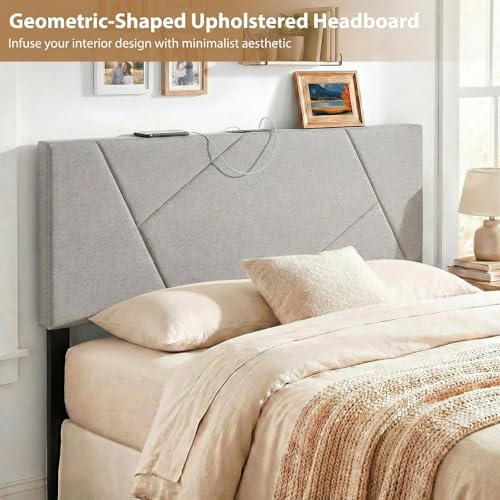 Giantex Headboard with Charging Station, Queen/Full Size Geometric Tufted Upholstered Head Board w/2 AC Outlets, USB & Type-C Ports, Rubber Wood Legs, Width Adjustable Modern Bed Headboard Only (Grey)