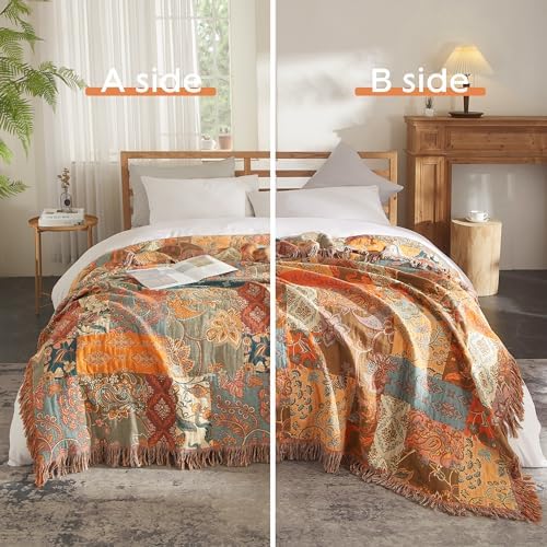 Boho Throw Blanket for Bed 90”x108”, 100% Cotton Blanket for Couch Sofa
