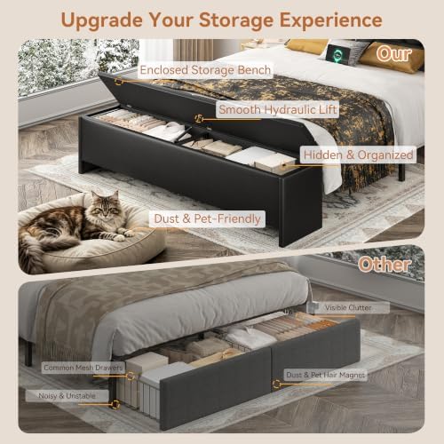 FreeHouse Queen Bed Frame with Storage Headboard and Drawers, PU Leather