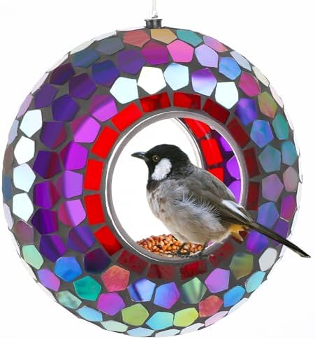 6 Inch Mosaic Glass Fly Through Bird Feeder for Outdoors, Purple