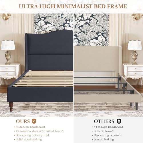 koorlian King Size Upholstered Bed Frame with 51'' Tall Headboard Dark Navy