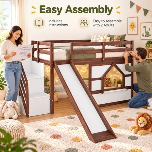 Twin Loft Bed with Slide for Kids, LED & Storage, Walnut White